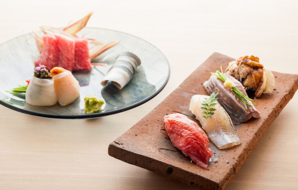 中とろとヒラメとアジの握りと中トロのお刺身